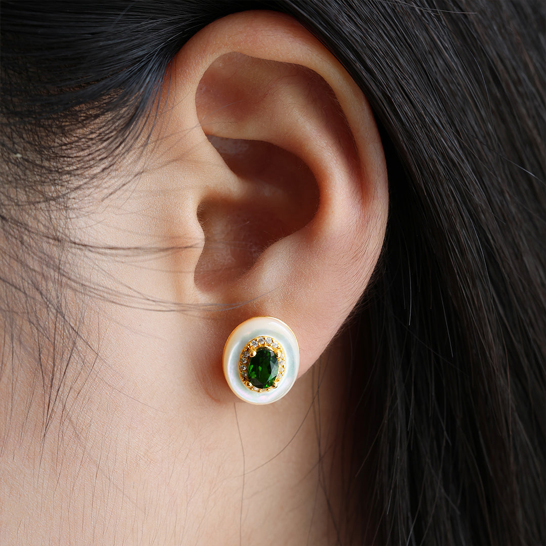 Oval Diopside & Nacre Statement Stud Earrings