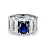 Load image into Gallery viewer, Silver ring with a prominent deep blue gemstone centerpiece and textured band design.
