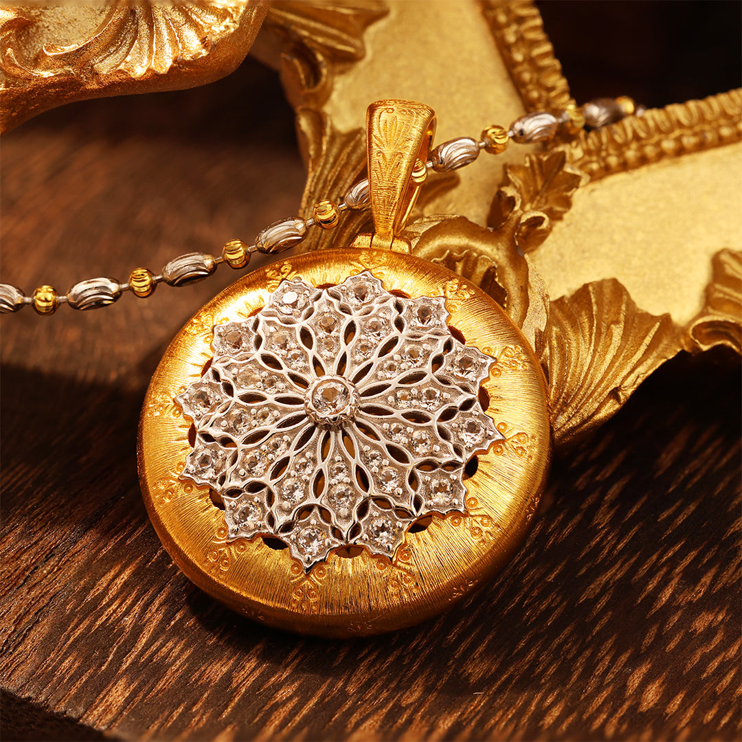 Brushed Gold CZ Antique Filigree Medallion Necklace