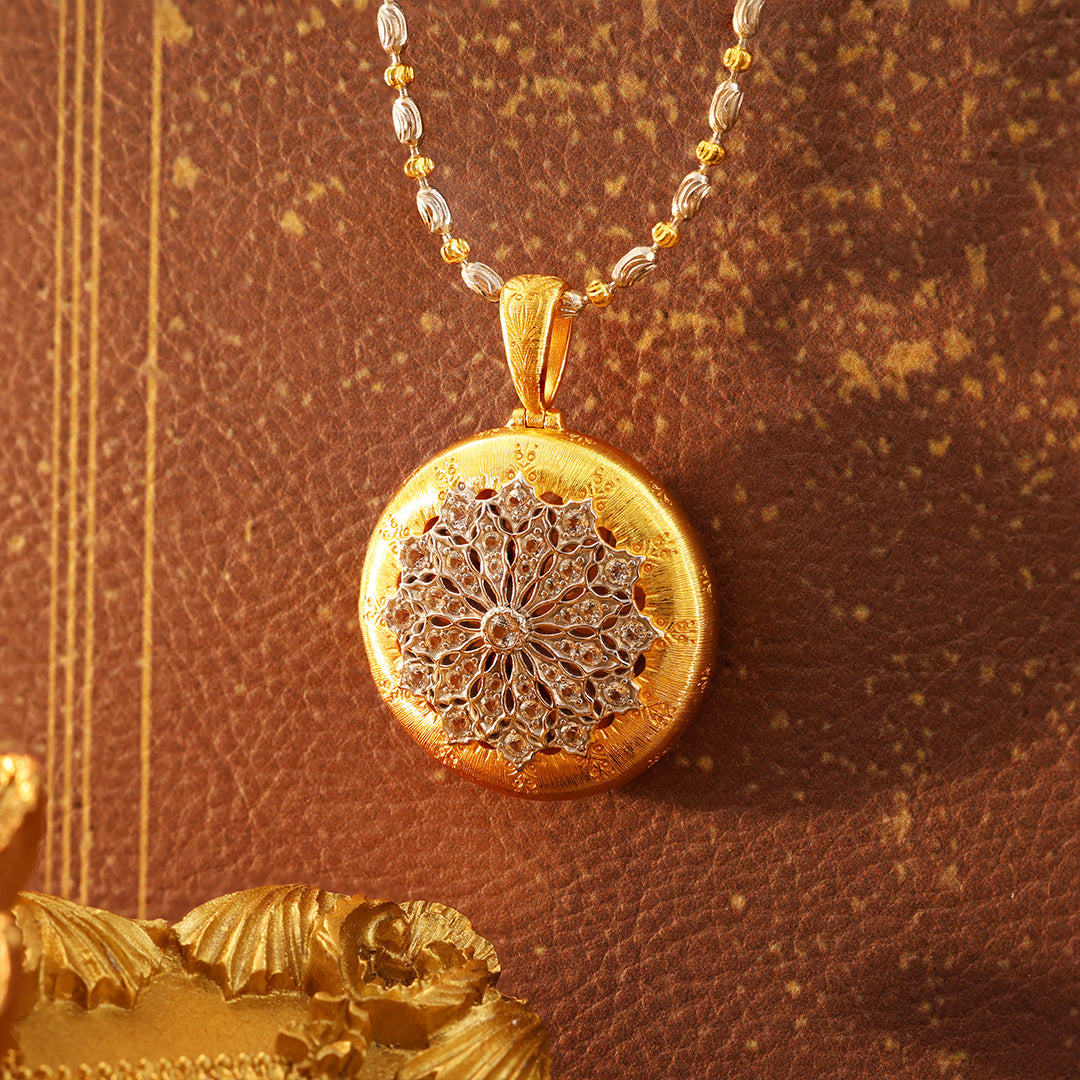 Brushed Gold CZ Antique Filigree Medallion Necklace