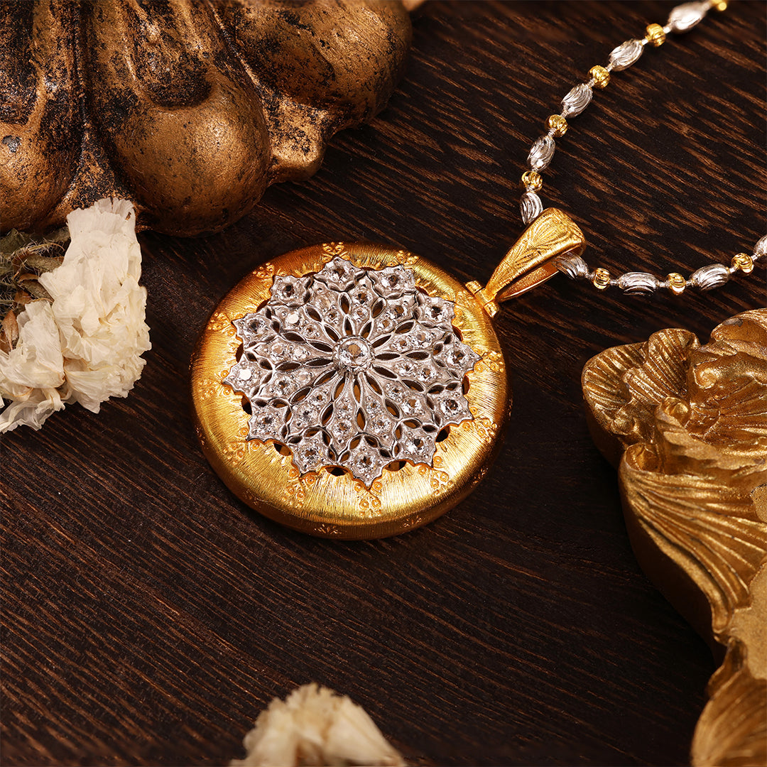 Brushed Gold CZ Antique Filigree Medallion Necklace