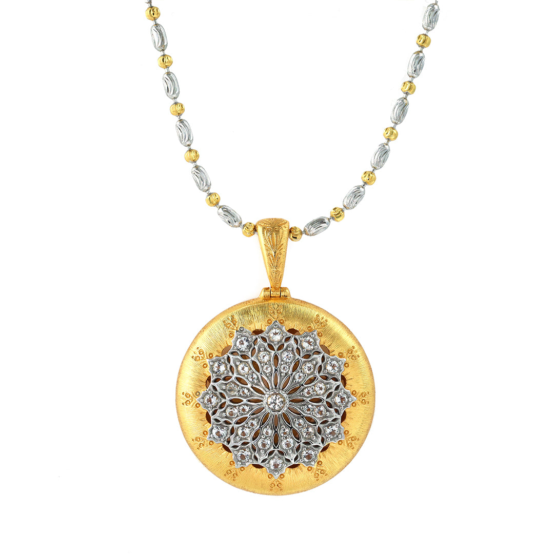 Brushed Gold CZ Antique Filigree Medallion Necklace