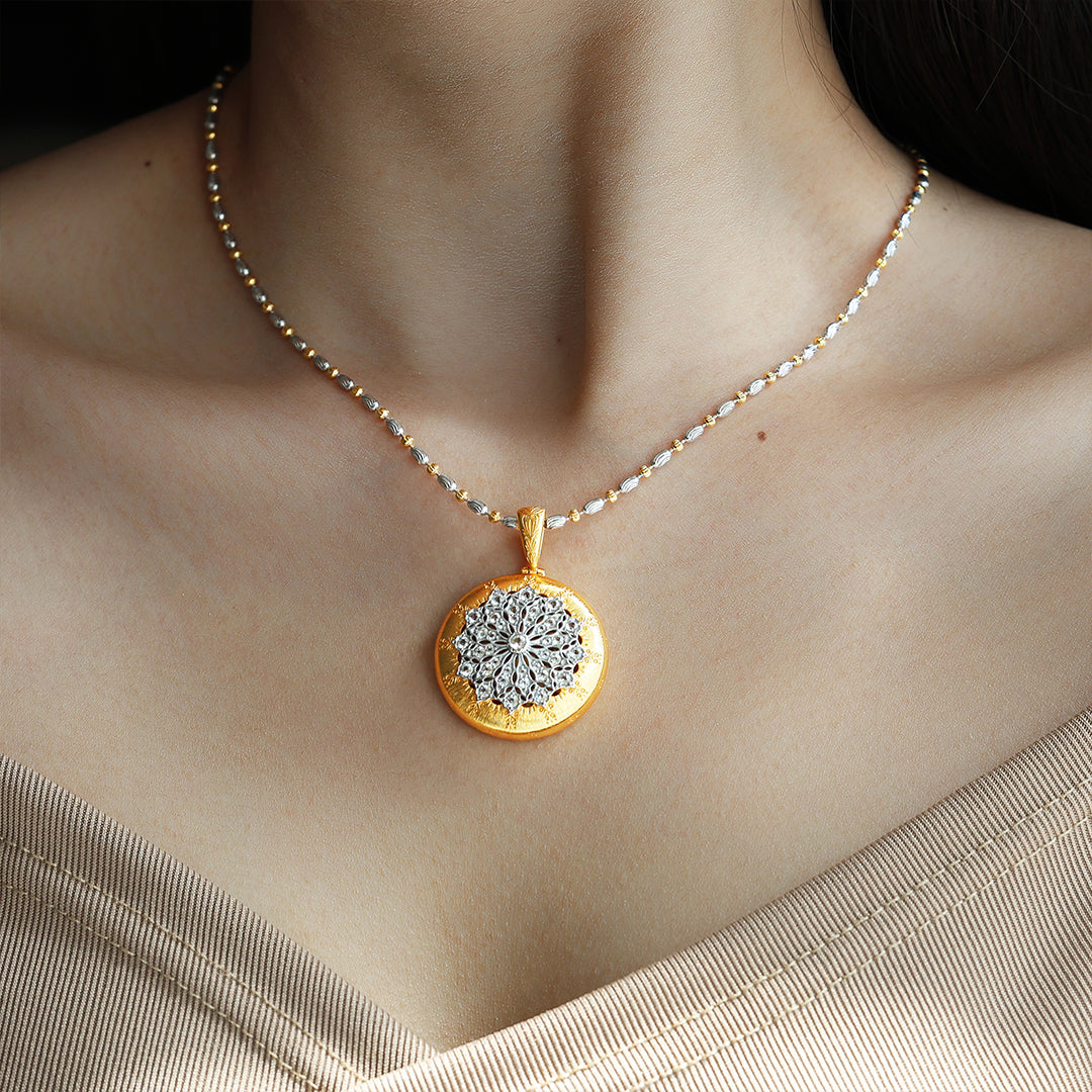 Brushed Gold CZ Antique Filigree Medallion Necklace