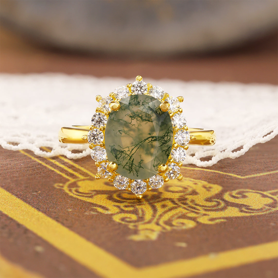 Oval Cut Moss Agate Halo Engagement Ring