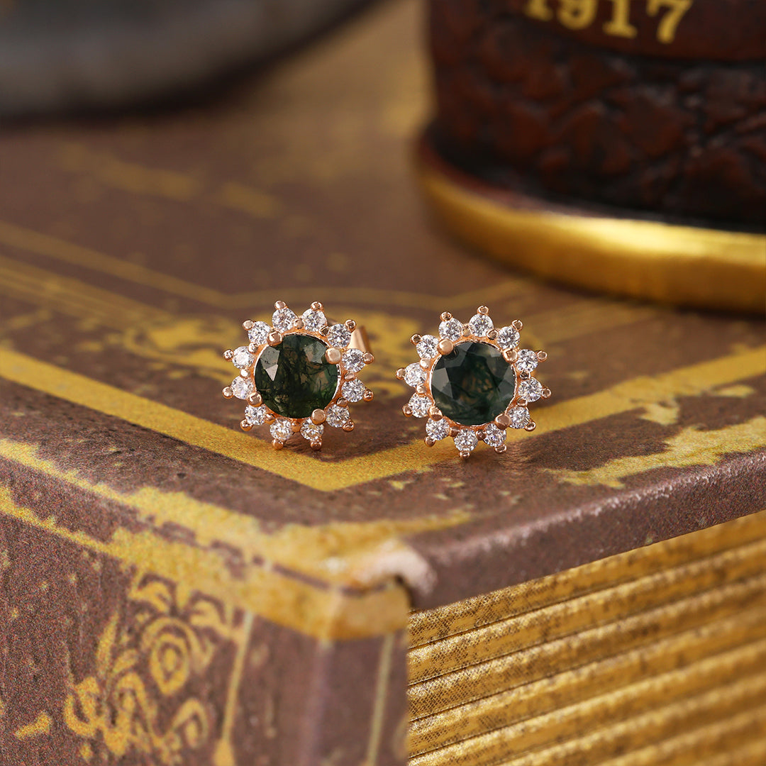 Sunny Halo Round Cut Moss Agate Ear Studs