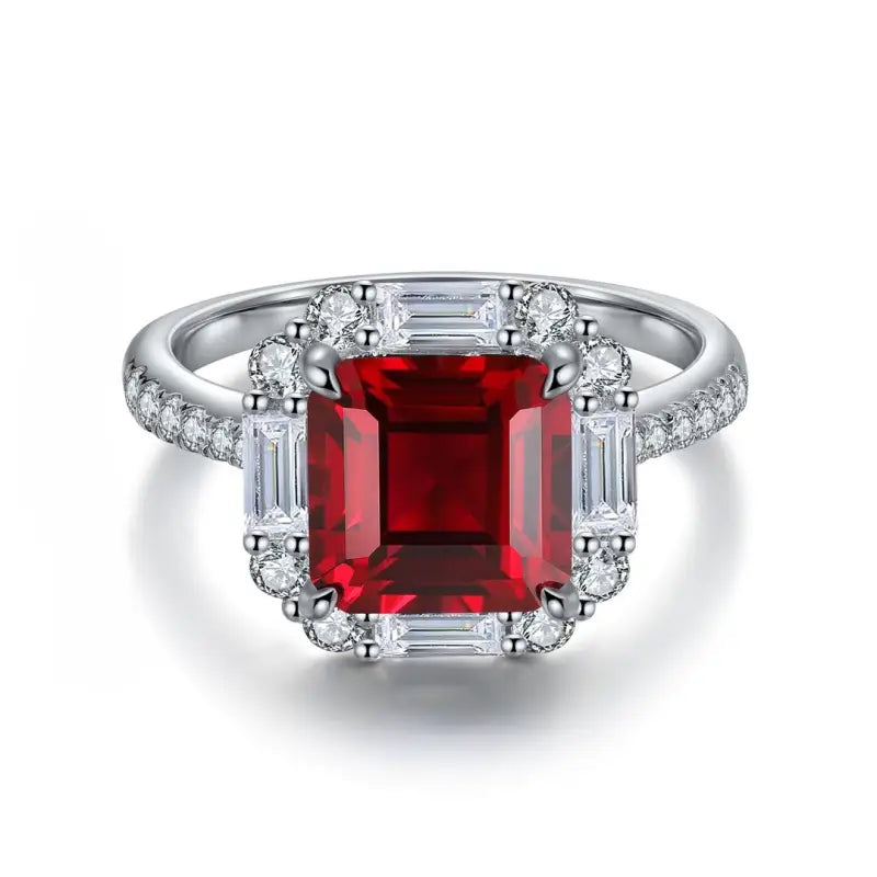 Ornate ring featuring a square-cut ruby surrounded by diamonds.