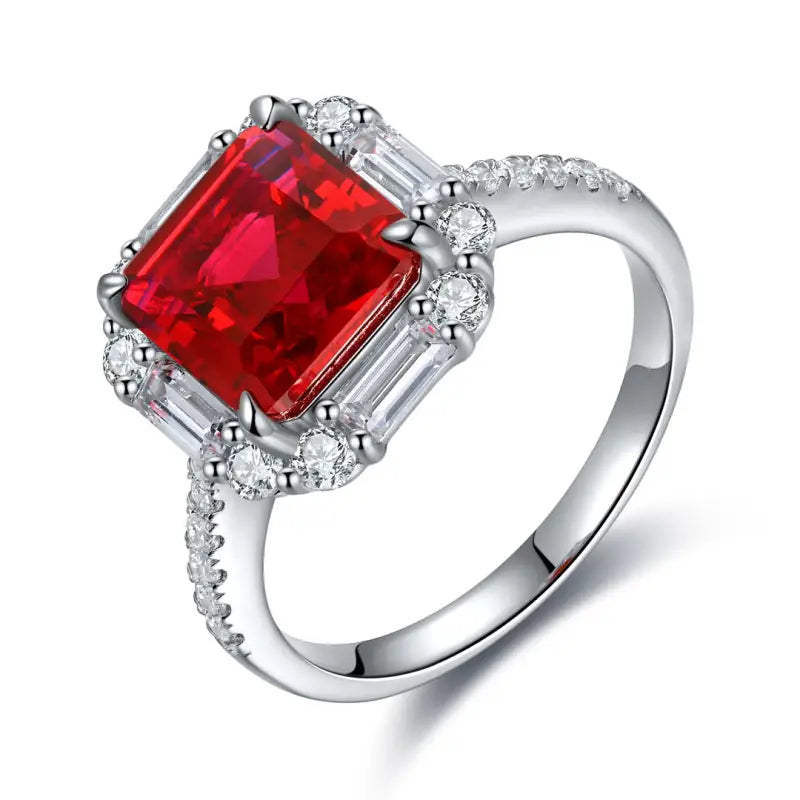 Elegant silver ring featuring a square-cut ruby surrounded by diamonds.