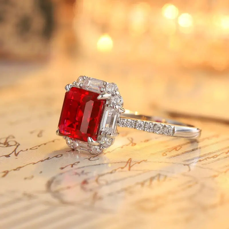 Ruby and diamond engagement ring with a rectangular center stone.