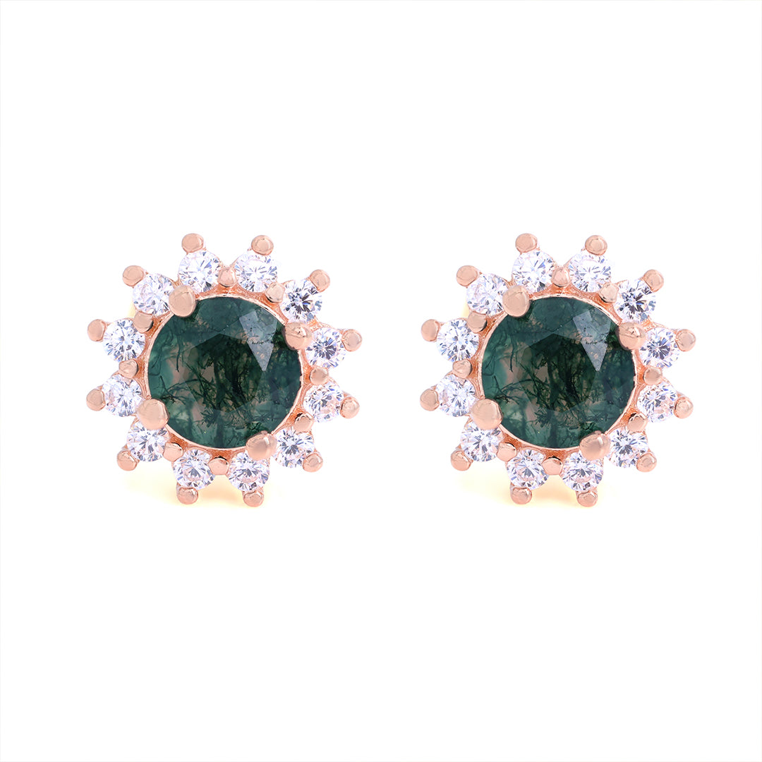 Sunny Halo Round Cut Moss Agate Ear Studs