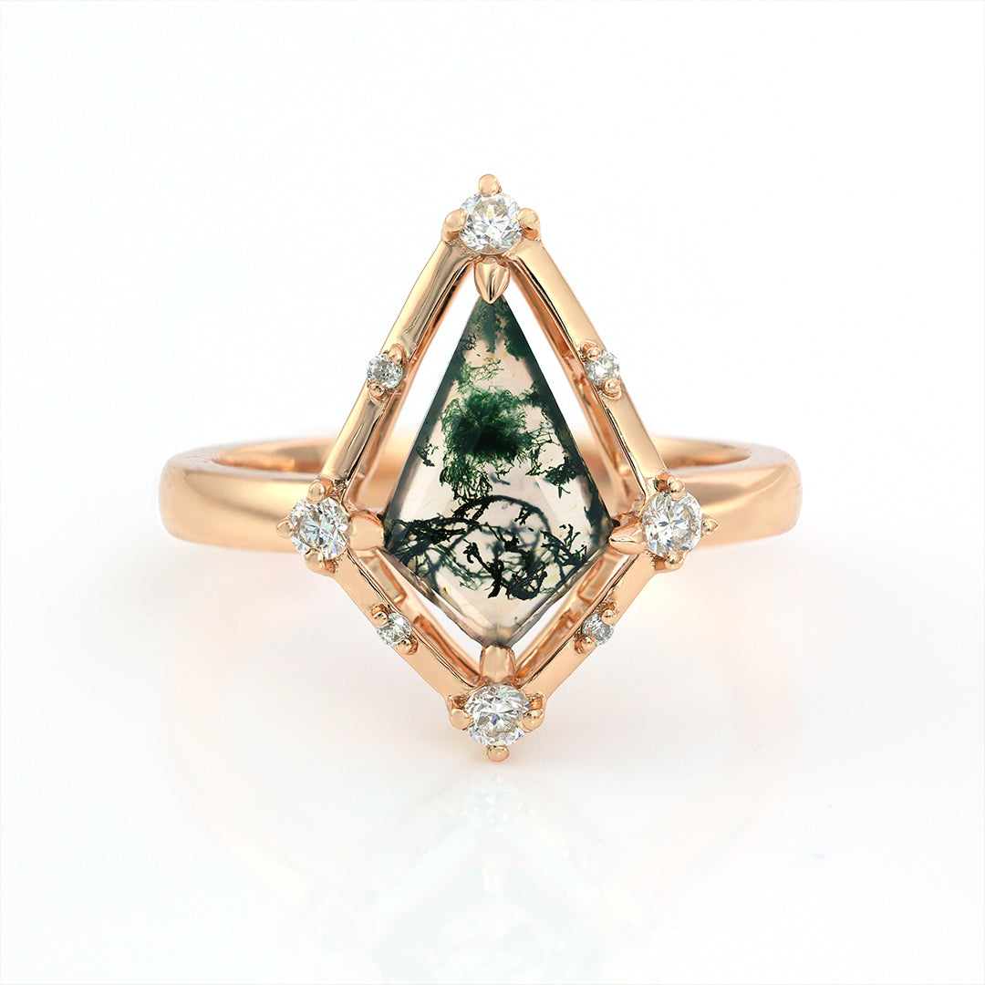 Vintage Kite Cut Moss Agate Art Deco Engagement Ring