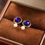 Load image into Gallery viewer, Round Lapis Lazuli &amp; Pearl Earrings
