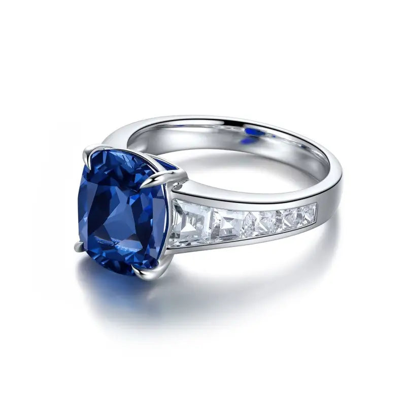 5.5 Ct Cushion Shape Lab Blue Sapphire Four Prongs Half Graduating Channel Engagement Ring - Engagement Ring