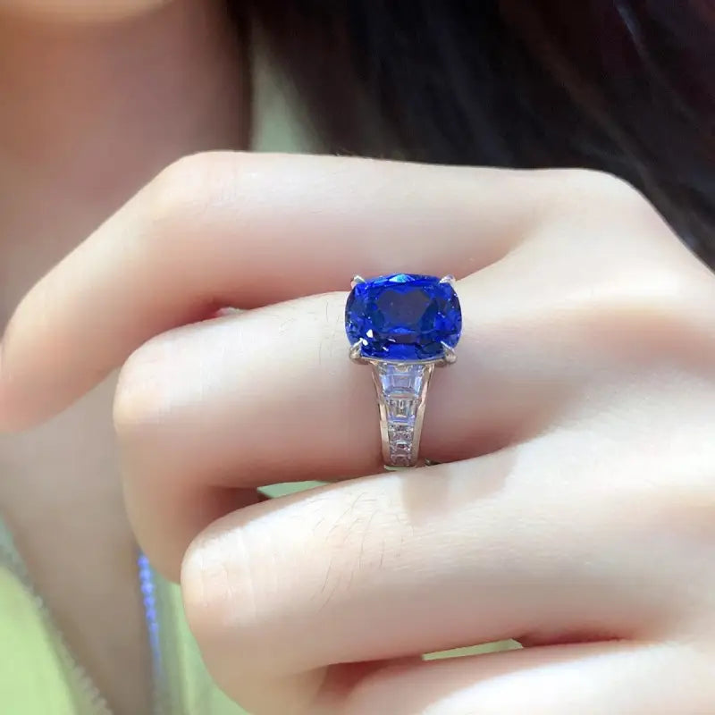 5.5 Ct Cushion Shape Lab Blue Sapphire Four Prongs Half Graduating Channel Engagement Ring - Engagement Ring