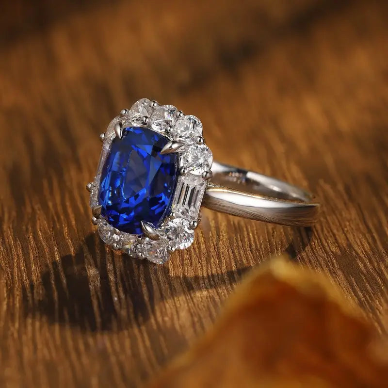 5 Ct Cushion Cut Lab Blue Sapphire Halo Engagement Ring - Engagement Ring