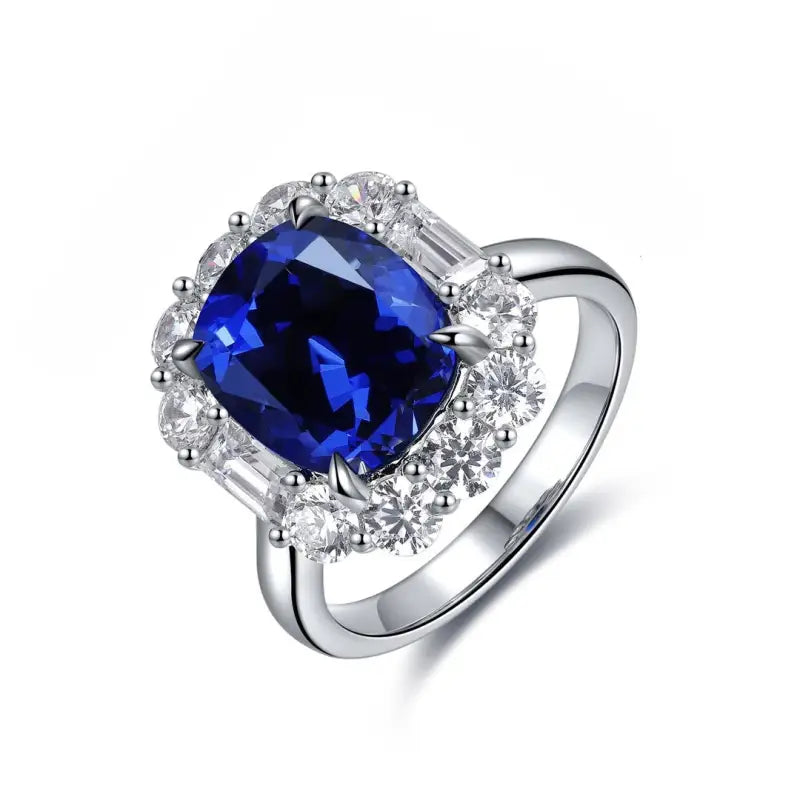 5 Ct Cushion Cut Lab Blue Sapphire Halo Engagement Ring - Engagement Ring