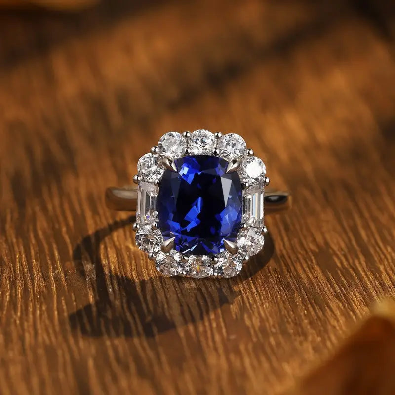 5 Ct Cushion Cut Lab Blue Sapphire Halo Engagement Ring - Engagement Ring