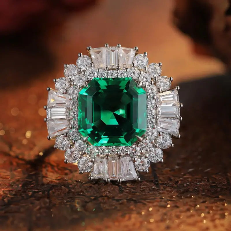 Ornate ring featuring a square-cut emerald surrounded by diamonds.