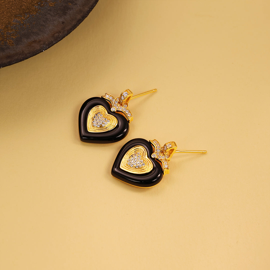 Black Agate Triple Romantic Heart Earrings