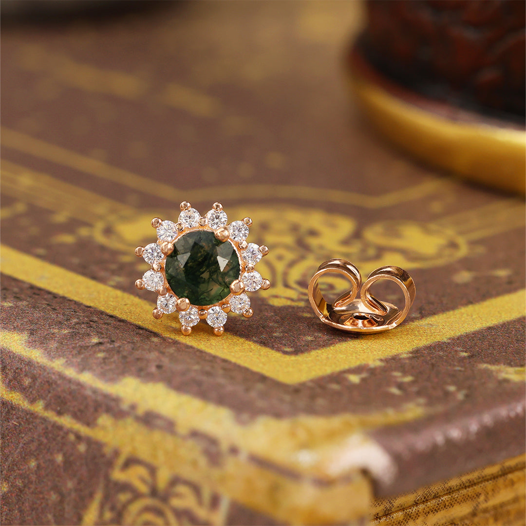 Sunny Halo Round Cut Moss Agate Ear Studs