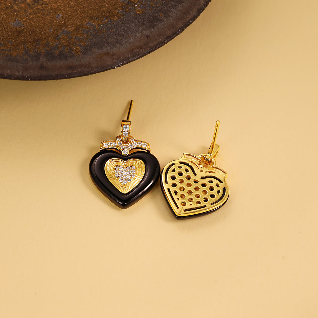 Black Agate Triple Romantic Heart Earrings