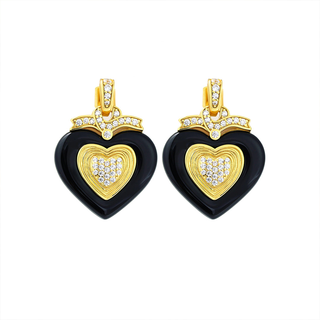 Black Agate Triple Romantic Heart Earrings