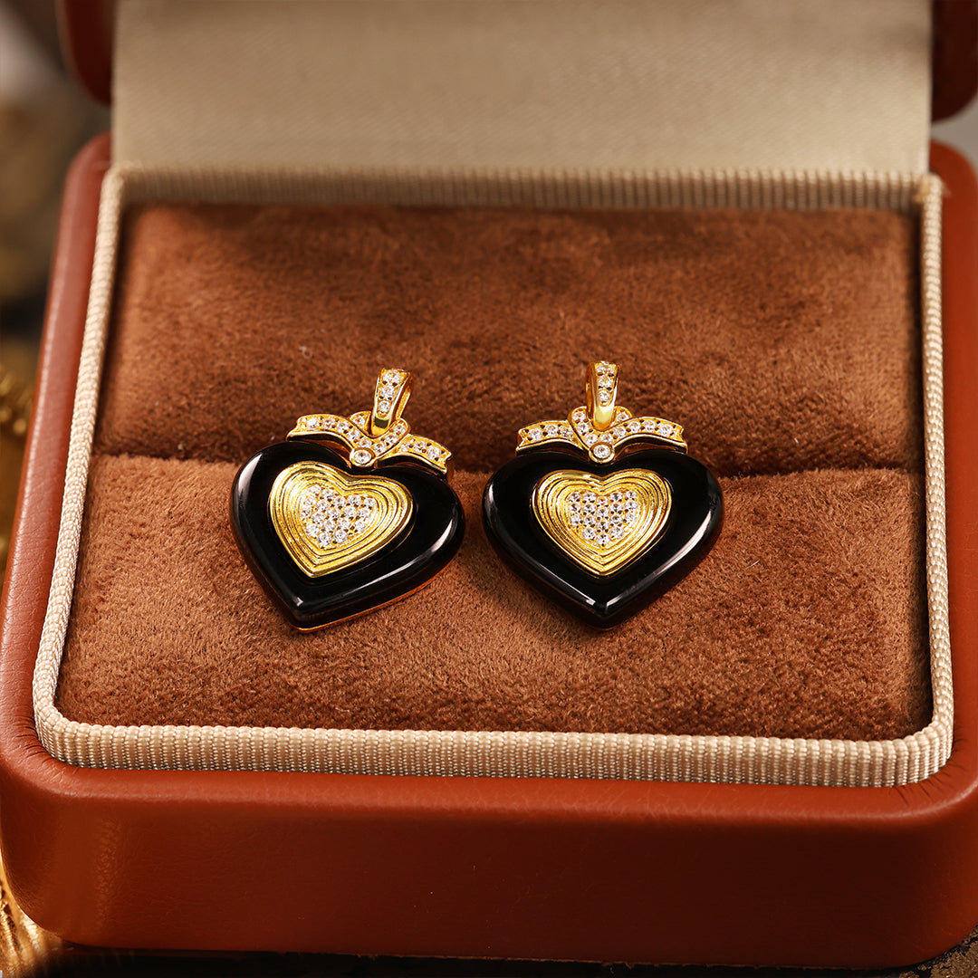 Black Agate Triple Romantic Heart Earrings