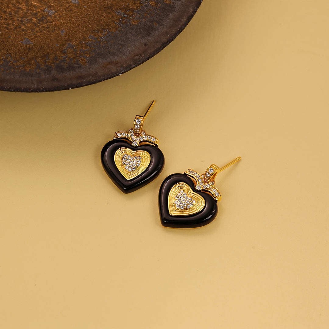 Black Agate Triple Romantic Heart Earrings