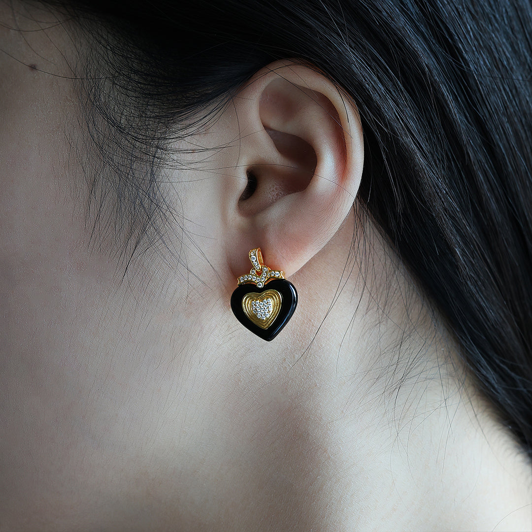 Black Agate Triple Romantic Heart Earrings