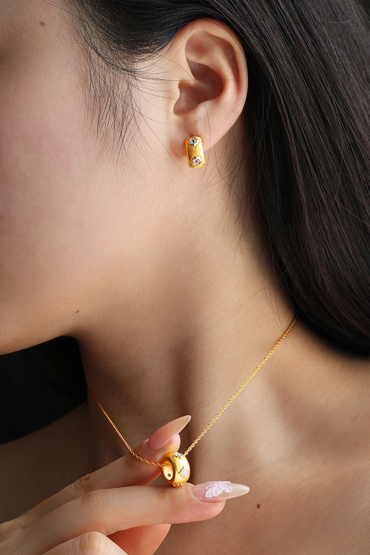 Crescent Brushed Gold  Filled with Round CZ Huggie Earrings