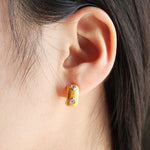 Load image into Gallery viewer, Crescent Brushed Gold  Filled with Round CZ Huggie Earrings
