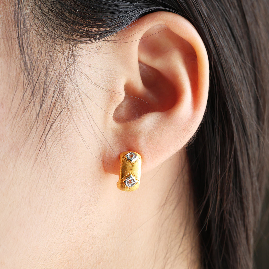 Crescent Brushed Gold  Filled with Round CZ Huggie Earrings