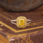 Load image into Gallery viewer, IGI Certified 1.123 Ct Fancy Vivid Yellow Radiant Cut Lab Diamond Double Halo Split Shank Engagement Ring
