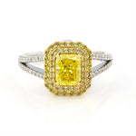 Load image into Gallery viewer, IGI Certified 1.123 Ct Fancy Vivid Yellow Radiant Cut Lab Diamond Double Halo Split Shank Engagement Ring
