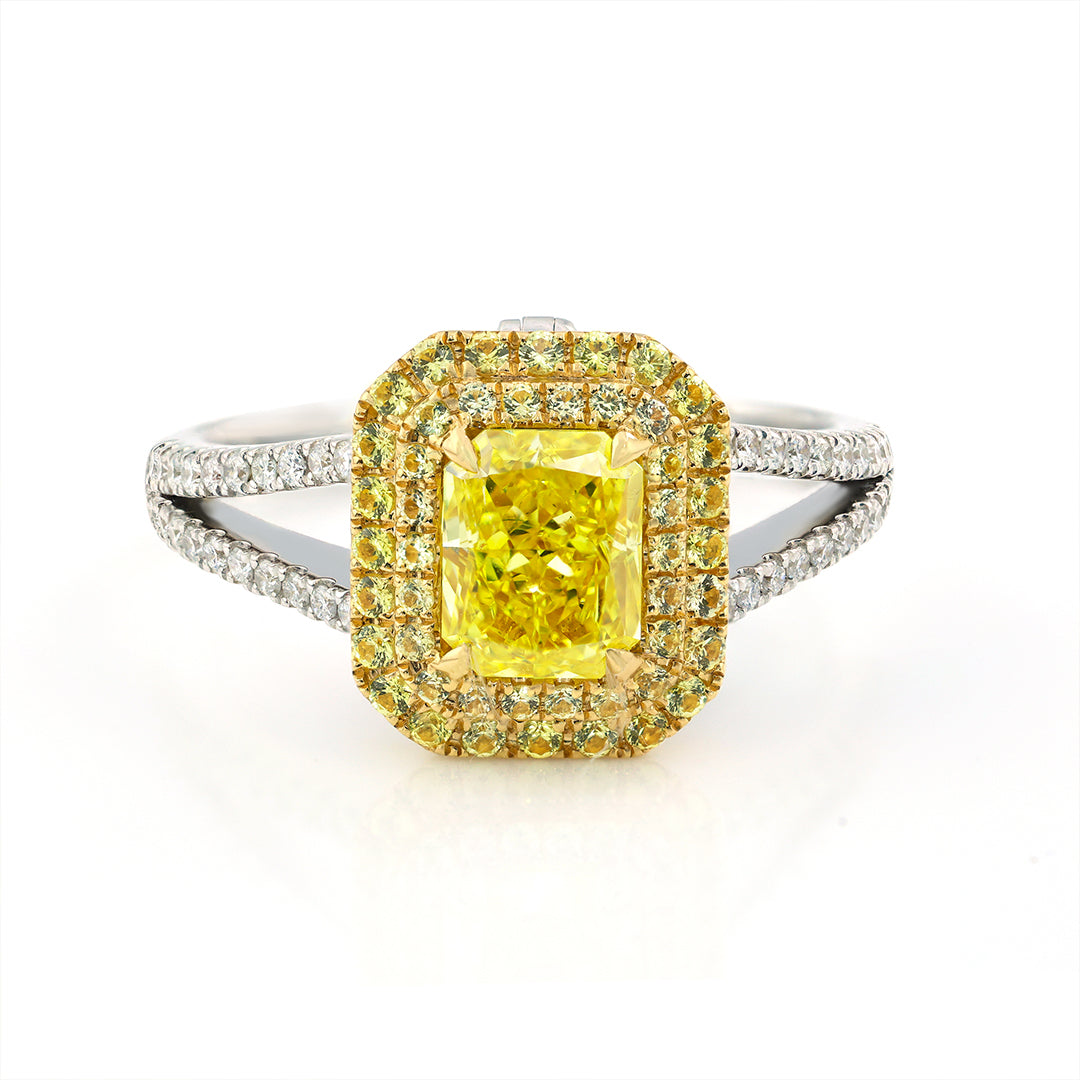 IGI Certified 1.123 Ct Fancy Vivid Yellow Radiant Cut Lab Diamond Double Halo Split Shank Engagement Ring