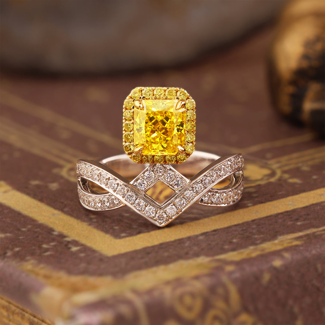 IGI Certified Crossed Chevron 1.024 Ct Radiant Cut Fancy Vivid Yellow Lab Diamond Crown Engagement Ring