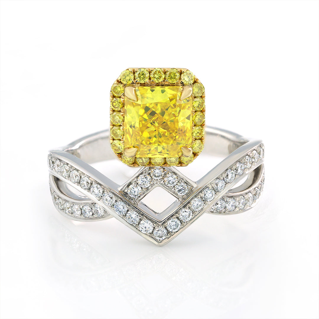 IGI Certified Crossed Chevron 1.024 Ct Radiant Cut Fancy Vivid Yellow Lab Diamond Crown Engagement Ring