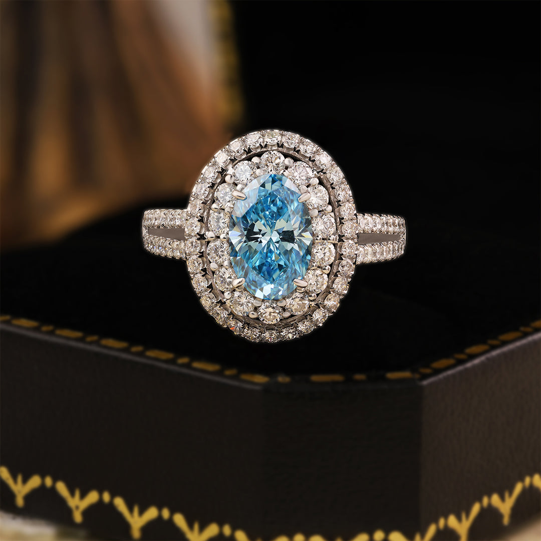 Double Halo 1.37 Ct Oval Cut Fancy Blue Lab Diamond Engagement Ring