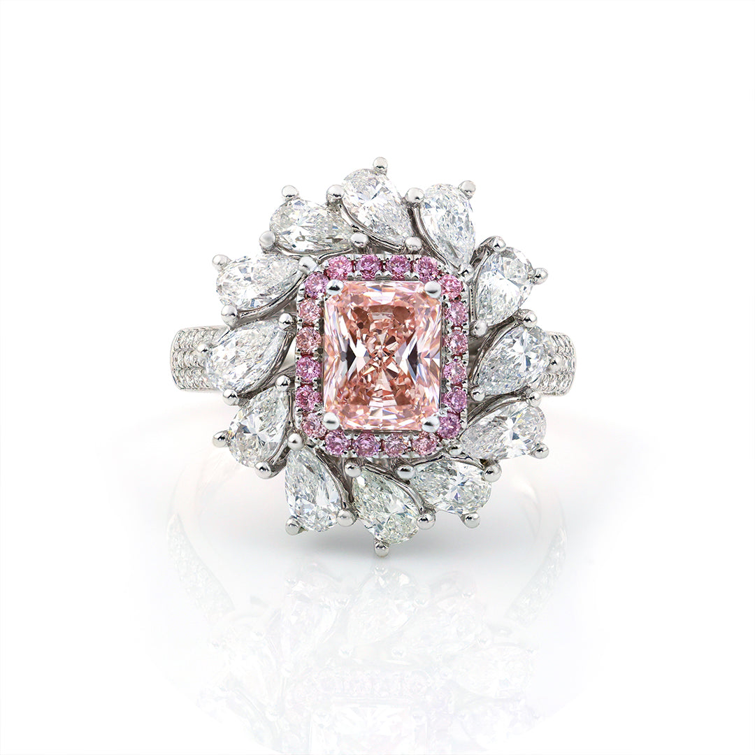 IGI Certified 1.03 Ct Radiant Cut Fancy Pink Lab Diamond Pink Halo Pear-Cluster Engagement Ring