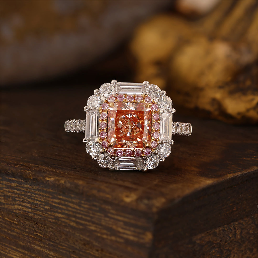 Pink Halo 1.54 Ct Radiant Cut Fancy Pink Lab Diamond Cluster Engagement Ring