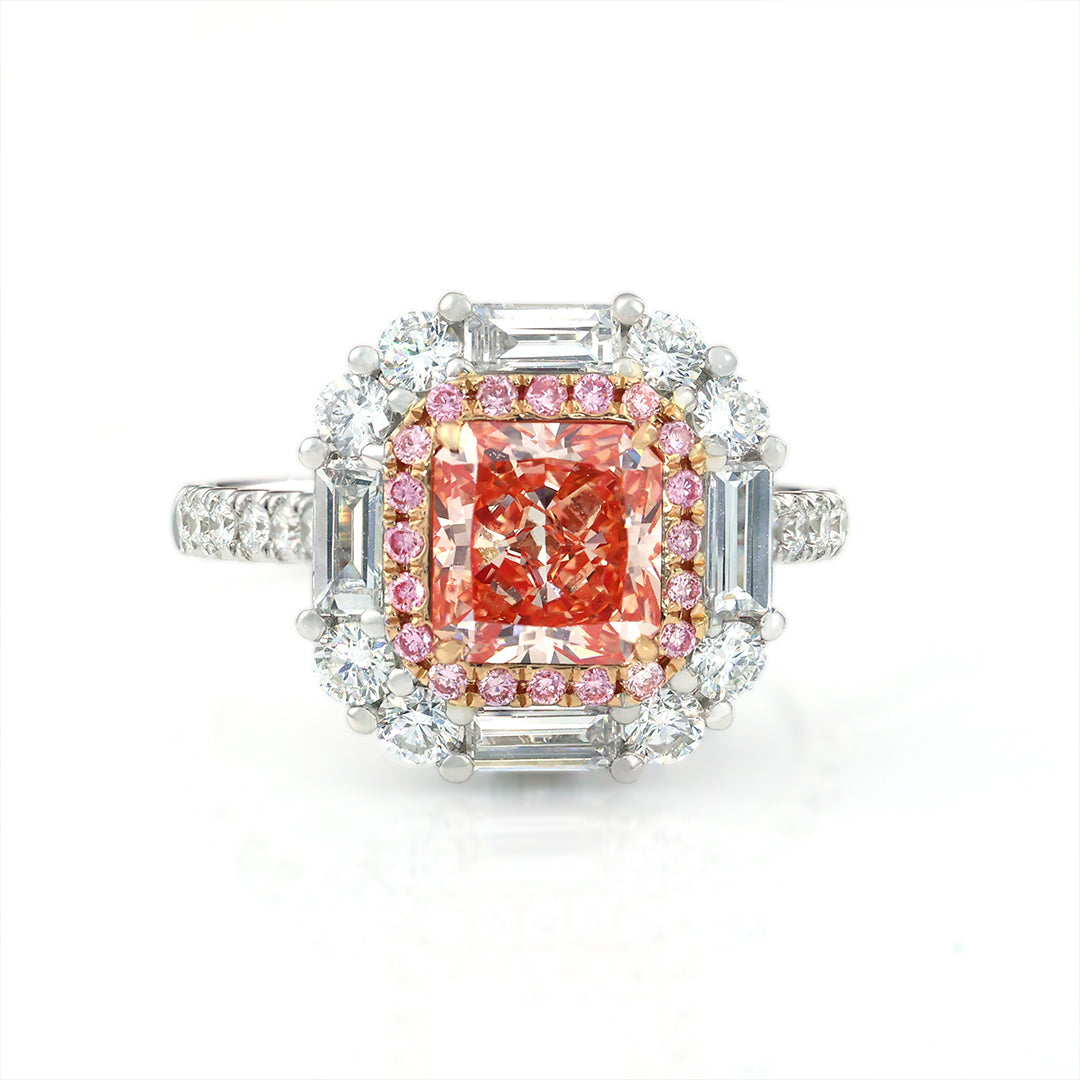 Pink Halo 1.54 Ct Radiant Cut Fancy Pink Lab Diamond Cluster Engagement Ring