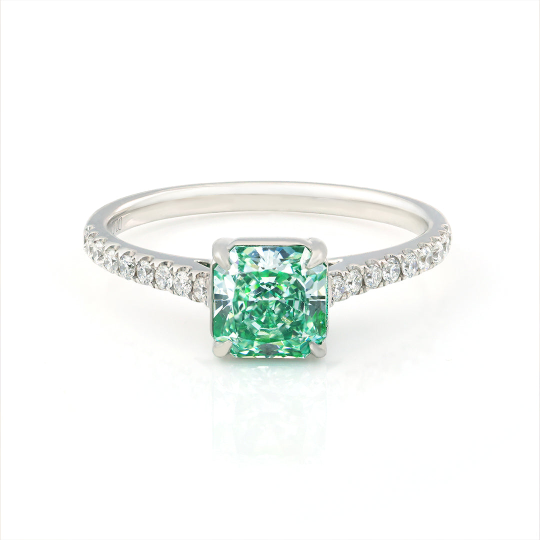 1.026 Ct Radiant Cut Fancy Green Lab Diamond Four Prongs Solitaire Engagement Ring