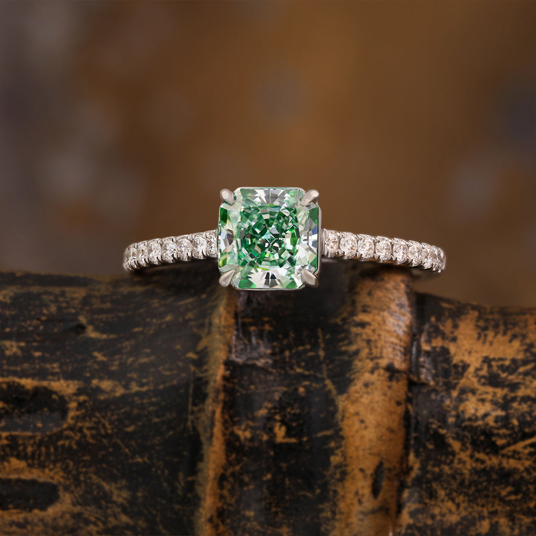 1.026 Ct Radiant Cut Fancy Green Lab Diamond Four Prongs Solitaire Engagement Ring