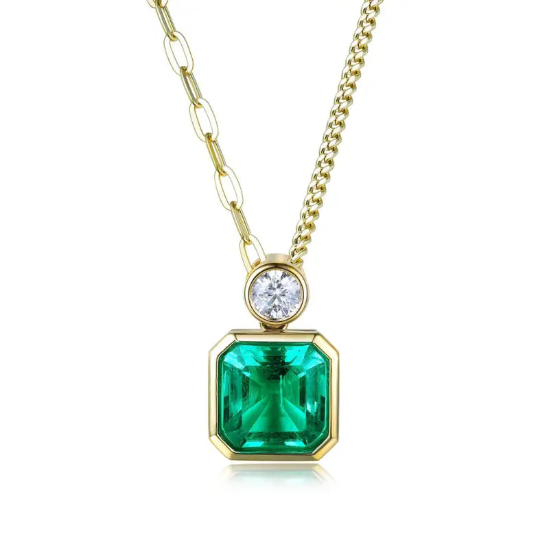 Asscher Cut Columbia Green Lab Emerald Bezel Pendant Necklace - Necklace & Pendant