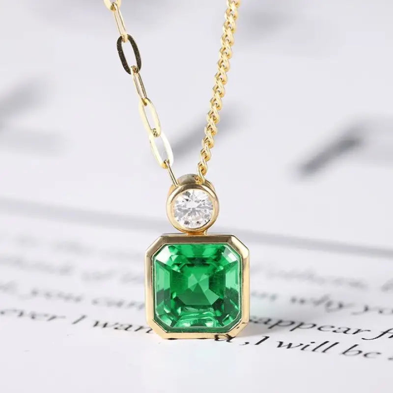 Asscher Cut Columbia Green Lab Emerald Bezel Pendant Necklace - Necklace & Pendant