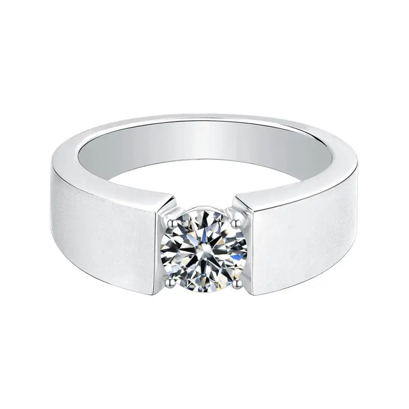 Silver engagement ring with a round solitaire diamond in a tension setting.