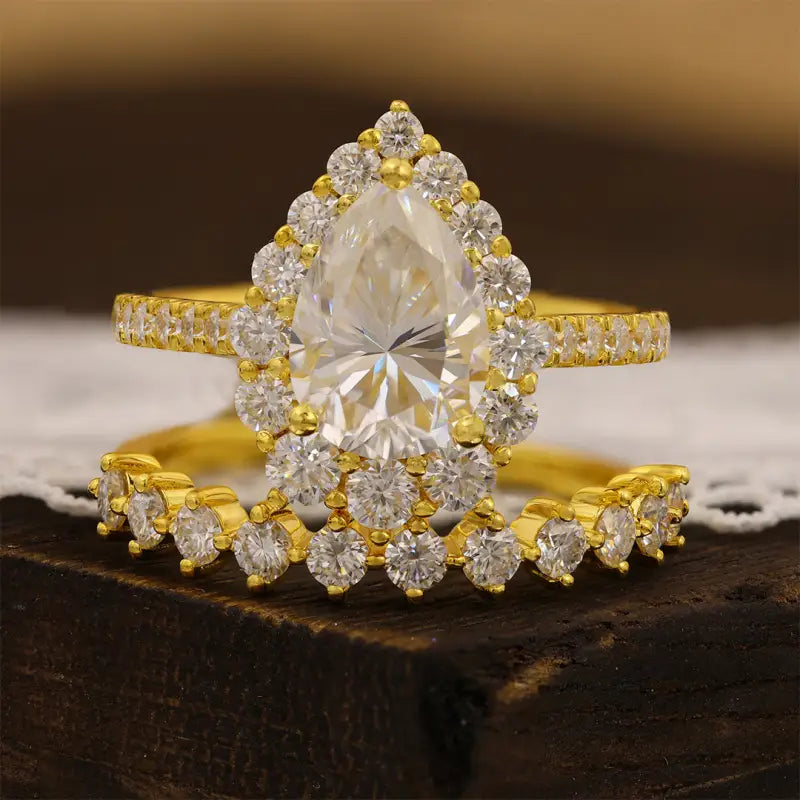 Classic 2 Ct Pear Shape Halo Bridal Ring Set - 2pcs - Wedding Ring