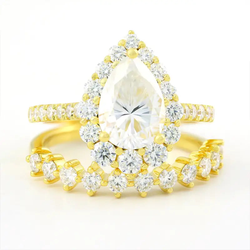 Classic 2 Ct Pear Shape Halo Bridal Ring Set - 2pcs - Wedding Ring