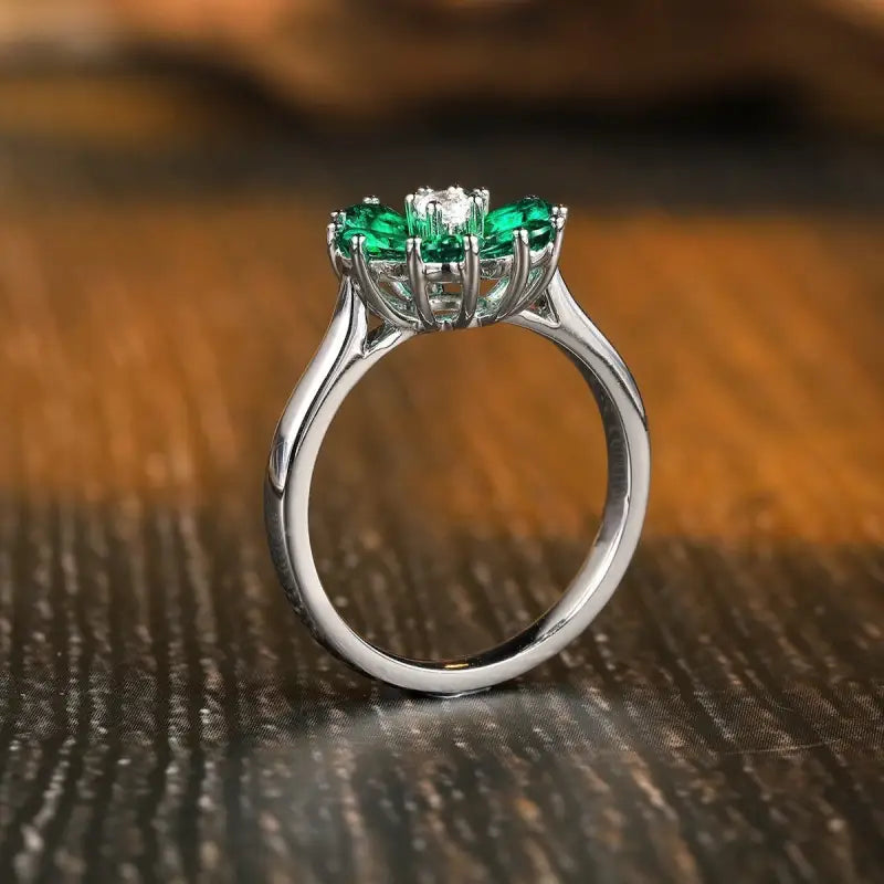 Daisy Pear Cut Lab Emerald Engagement Ring - Engagement Ring