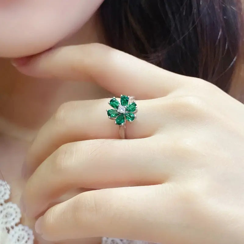 Daisy Pear Cut Lab Emerald Engagement Ring - Engagement Ring