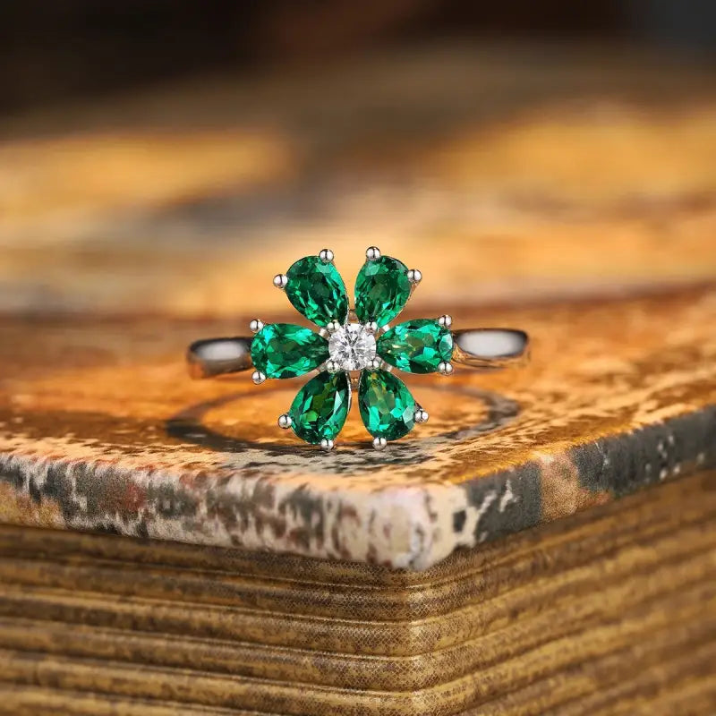 Daisy Pear Cut Lab Emerald Engagement Ring - Engagement Ring